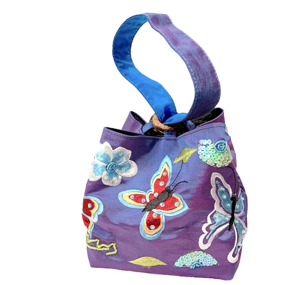 Silk bucket purse with embroidered butterflies, iridescent blueish purple